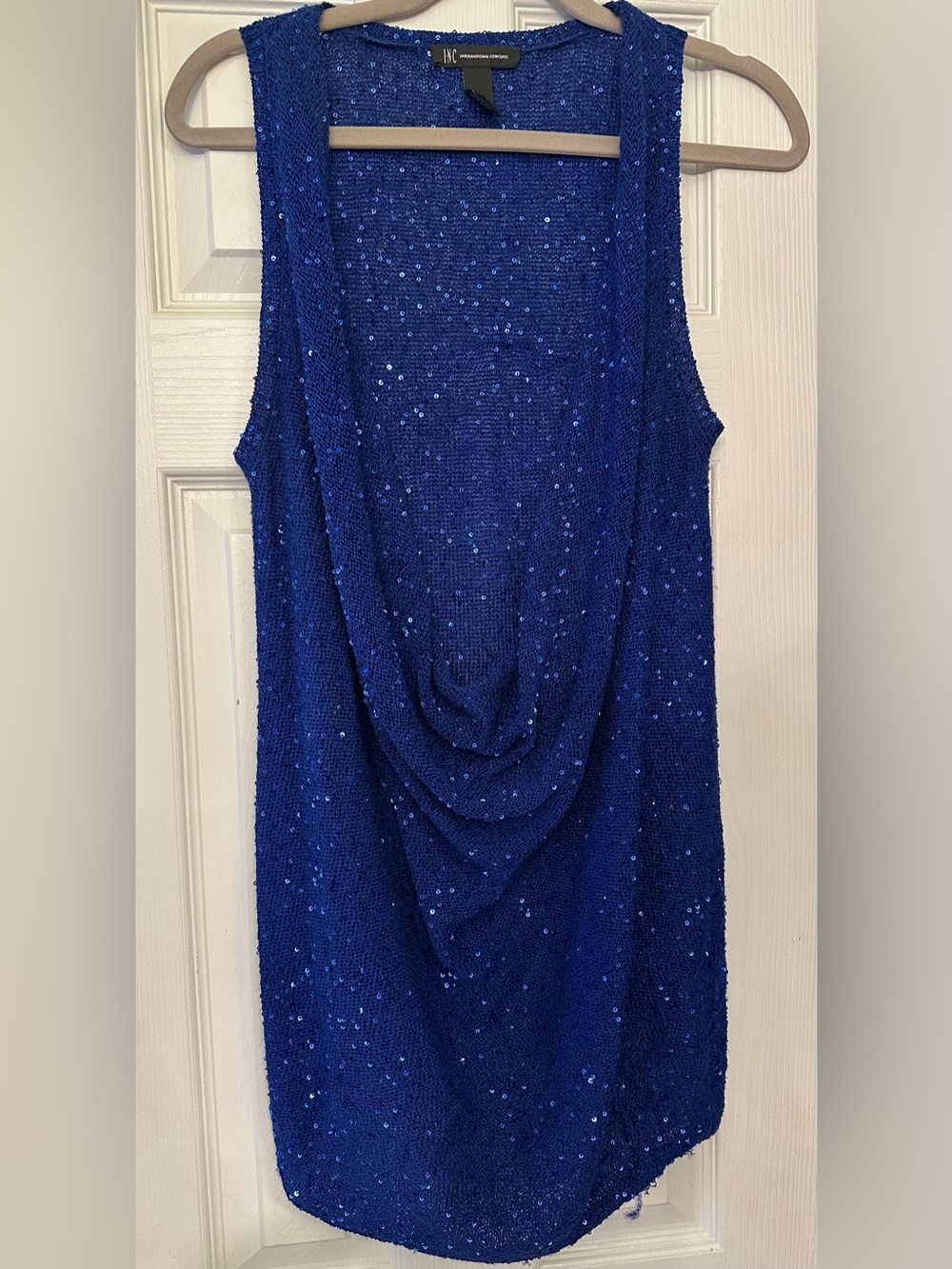 INC International Concepts Royal Blue Sequin Sleeveless Drape top